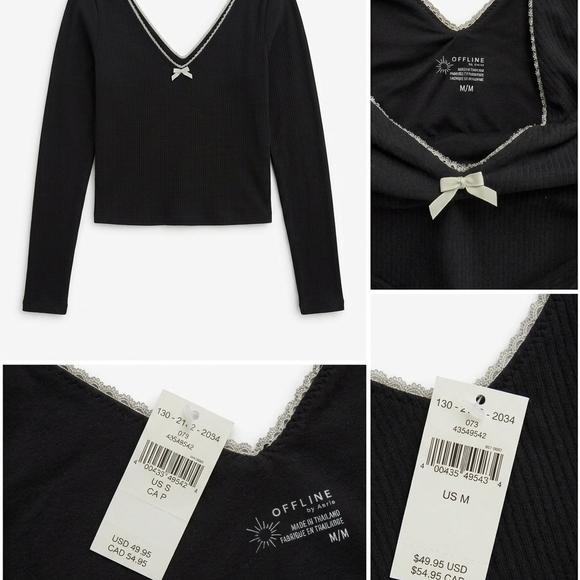 aerie Tops - NWT Offline by Aerie Ribbed Lace-Trim Bow Long Sleeve Top – Black